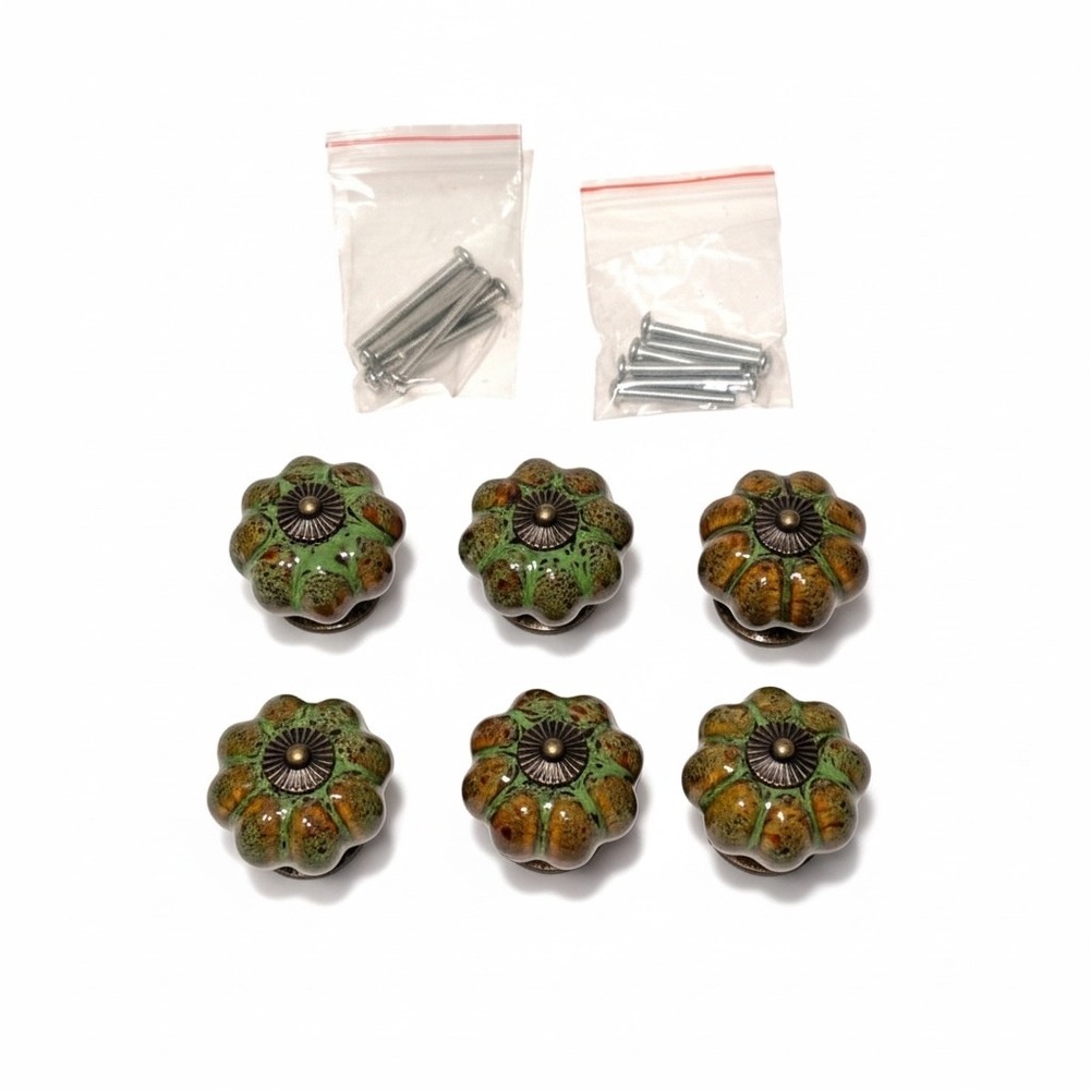6Pc New Green Brown Ceramic Pumpkin Cabinet Knobs Vintage Style Drawer Pulls Set